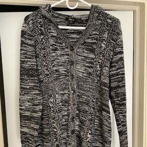 New Style & Co long button up cardigan with hood, black & white, size M